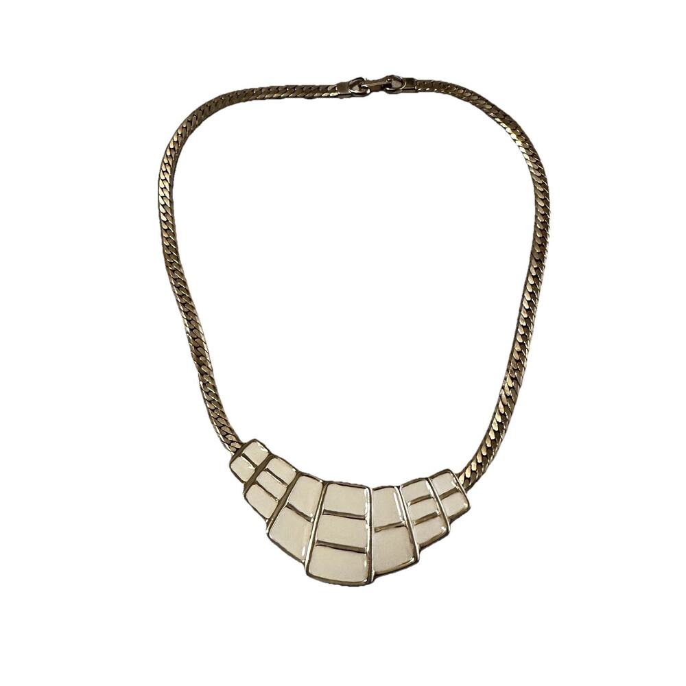 Awesome Gold tone Off White Enamel Collar Wide Herringbone Chain Necklace